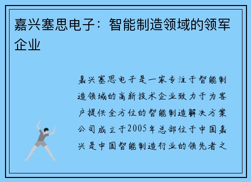 嘉兴塞思电子：智能制造领域的领军企业